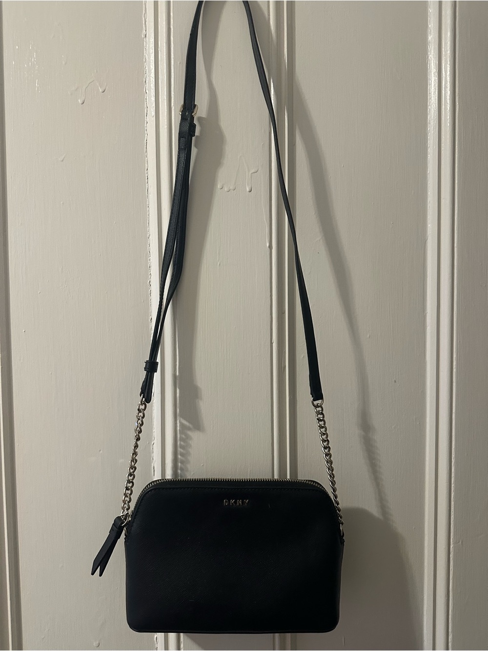 DKNY Black Leather Crossbody with Silver Chain Trim